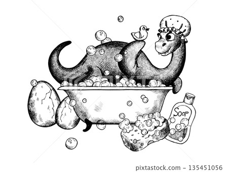 A happy dinosaur is taking a bubble bath with a duckling A happy dinosaur is taking a bubble bath with a duckling 135451056