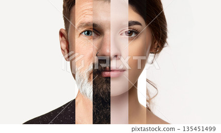 Portrait collage combining male and female faces across skin tones. 135451499