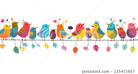 A lively gathering of cartoon birds creates a cheerful atmosphere as they sing on a wire, adorned with colorful leaves and hearts 135451687