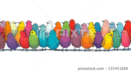 A large group of cartoon-style birds sits together on a wire, singing harmoniously with bright colors and cheerful expressions under a clear sky 135451689