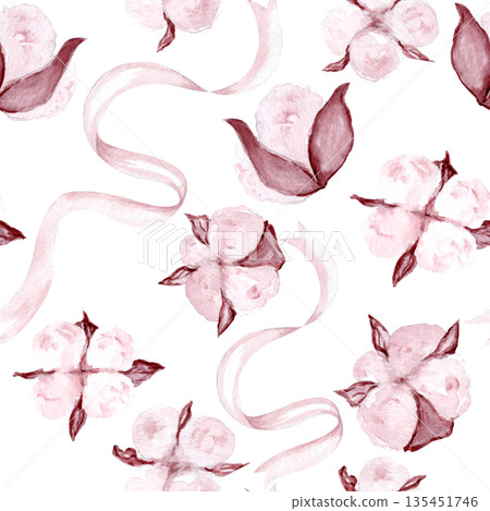 Seamless cotton flower pattern with soft ribbons, hand-painted watercolor style. Elegant botanical background ideal for textiles, wallpapers, packaging, branding, wedding, fashion designs. Blush tones 135451746