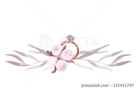 Watercolor engagement ring with cotton flowers, wax seal, hand painted isolated on white background. Elegant romantic element for branding, fashion design, packaging and luxury stationery. Blush tone 135451747