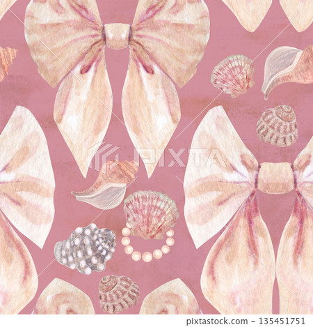 Seamless watercolor pattern with soft pink bow, pearl circle, seashells on pink background. Elegant hand-painted coastal wedding design, perfect for invitations, stationery, packaging, romantic decor 135451751