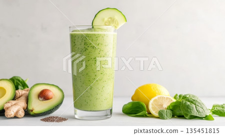 Detox smoothie brimming with nutrients in a tall glass, accompanied by fresh avocado, spinach, lemon, ginger, and chia seeds 135451815