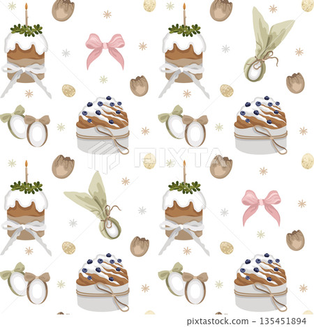 Hand-drawn Easter cakes seamless pattern with cracked eggshell, bow and candle and Easter dyed eggs, Easter decorative background 135451894