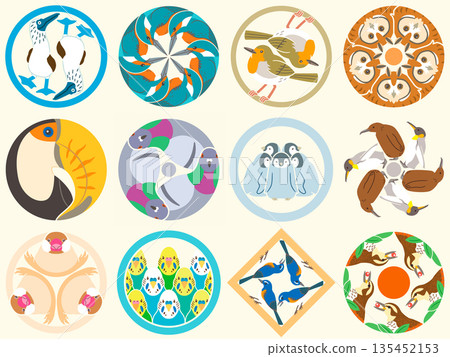 Family crest style icons: wild birds, penguins, kingfishers, Japanese emblems 135452153