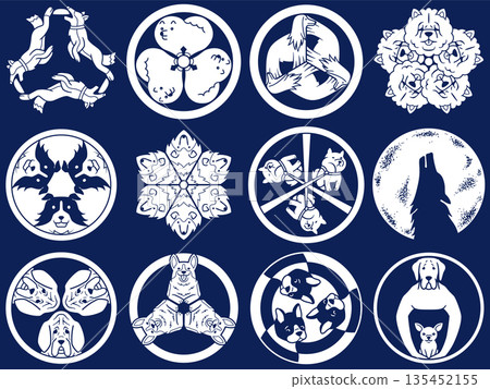 Family crest style icon dog border collie boston terrier Japanese coat of arms 135452155