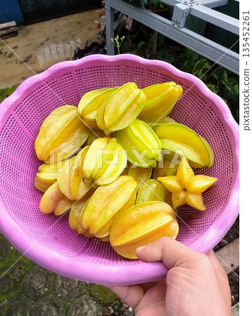 Fresh Ripe Starfruit Carambola in Pink Plastic Basket Top View Fresh Ripe Starfruit Carambola in Pink Plastic Basket Top View 135452261