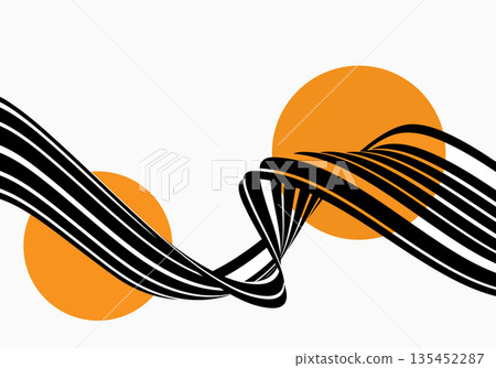 Abstract black ribbon waves with orange circles on white background Abstract black ribbon waves with orange circles on white background 135452287