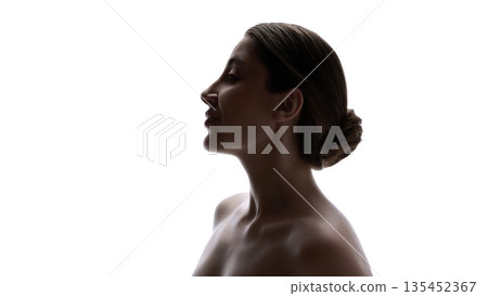 Low key female profile portrait with natural skin and soft shadows. Low key female profile portrait with natural skin and soft shadows. 135452367