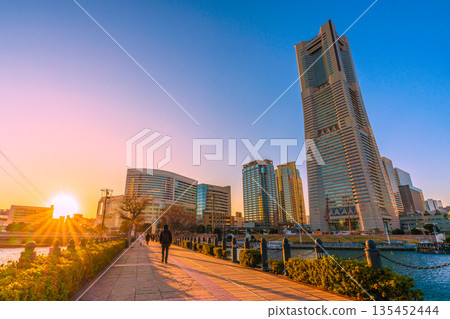 Yokohama cityscape, Japan, January 13th. View of Yokohama Landmark Tower and sunset from Kishamichi 135452444