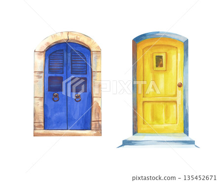 A set with blue and yellow doors on an isolated background. Watercolor illustration with traditional Greek architectural elements for tourism business, printing, icons. 135452671