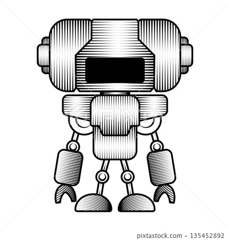 black and white line art illustration standing robot character with mechanical body and big head in retro engraving 135452892