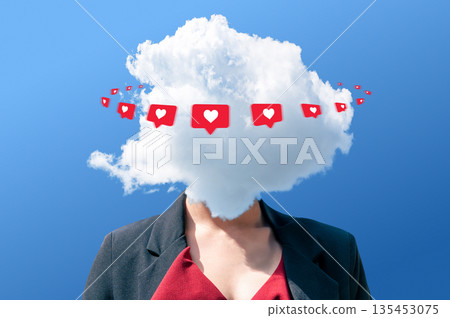 Teenage girl with cloud instead of head. Teenage girl with digital social media icons and heart symbols floating around head. Teenage girl with cloud instead of head. Teenage girl with digital social media icons and heart symbols floating around head. 135453075