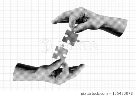 Halftone collage human hands connecting puzzle together. Business success and idea concept 135453078