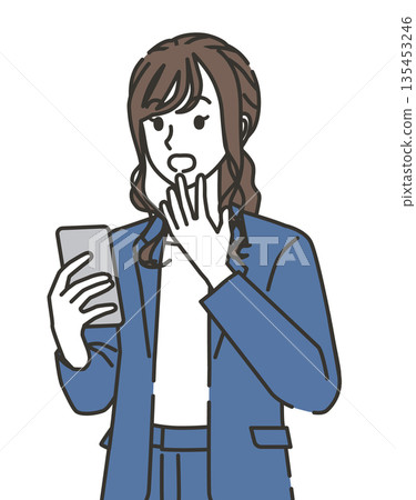 A woman in office casual clothes surprised at her smartphone A woman in office casual clothes surprised at her smartphone 135453246