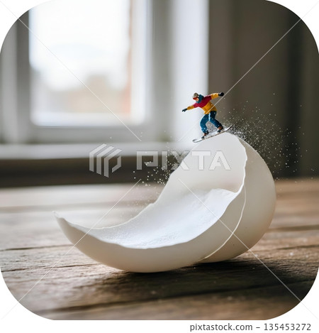 迷你滑雪者從蛋殼製成的U型滑道上滑下 迷你滑雪者從蛋殼製成的U型滑道上滑下 135453272