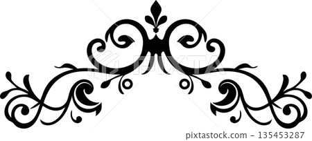 Elegant Black Floral Ornament: Decorative Vintage Scroll Filigree, Victorian Style Border Divider for Invitations, Weddings, and Classic Graphic Design 135453287