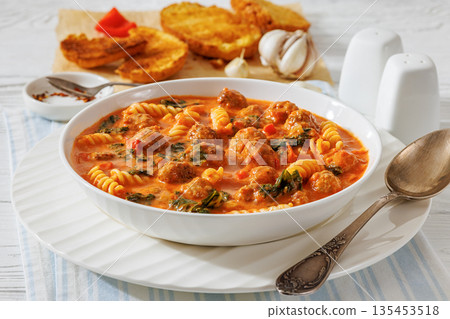 italian Meatball Fusilli Soup with Toast Top View italian Meatball Fusilli Soup with Toast Top View 135453518