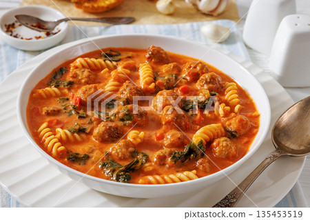 italian Meatball Fusilli Soup with Toast Top View 135453519