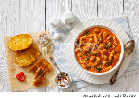 italian Meatball Fusilli Soup with Toast Top View italian Meatball Fusilli Soup with Toast Top View 135453520