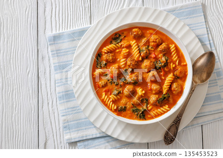 italian Meatball Fusilli Soup with Toast Top View 135453523