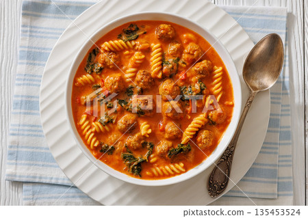 italian Meatball Fusilli Soup with Toast Top View italian Meatball Fusilli Soup with Toast Top View 135453524