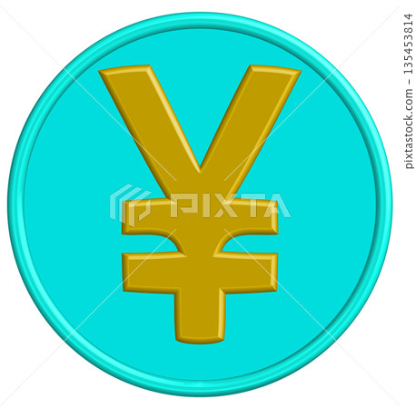 Golden Yen Coin Icon: 3D Glossy Currency Symbol on Blue Background for East Asian Finance, Banking, and Global Trade Branding 135453814