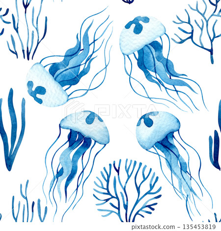 Watercolor seamless pattern with blue jellyfish. Mediterranean vacation. Watercolor seamless pattern with blue jellyfish. Mediterranean vacation. 135453819