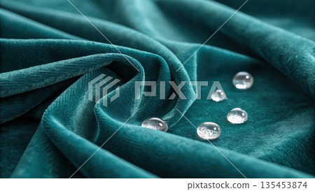 Close up of teal velvet fabric with water droplets showcasing texture Close up of teal velvet fabric with water droplets showcasing texture 135453874