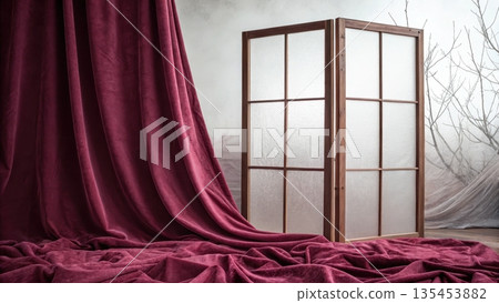 Elegant velvet drapes frame a frosted glass room divider with branches 135453882