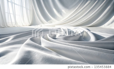 Elegant white velvet fabric with soft flowing folds illuminated by gentle light 135453884
