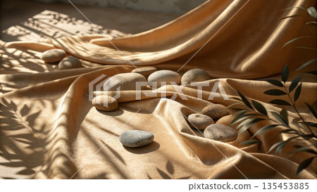Golden draped velvet fabric with smooth stones and sunlight evoking serenity and luxury Golden draped velvet fabric with smooth stones and sunlight evoking serenity and luxury 135453885