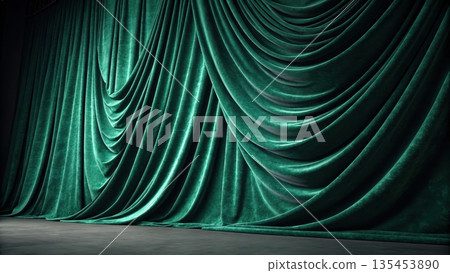 Luxurious dark green velvet curtains drape across a stage Luxurious dark green velvet curtains drape across a stage 135453890