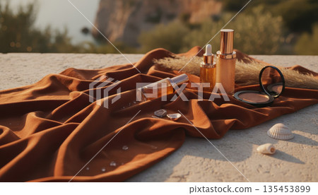 Luxury skincare products arranged on draped fabric outdoors Luxury skincare products arranged on draped fabric outdoors 135453899