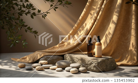 Serene display of cosmetic bottles on rocks with elegant velvet backdrop Serene display of cosmetic bottles on rocks with elegant velvet backdrop 135453902