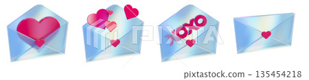 3D love letter envelope set, Valentine day romantic mail sign render, holiday heart seal, gift icon. 3D love letter envelope set, Valentine day romantic mail sign render, holiday heart seal, gift icon. 135454218