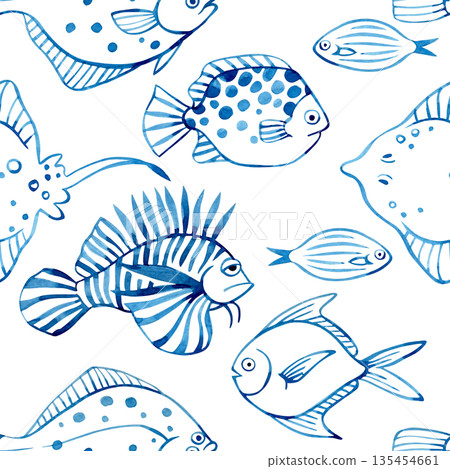 Seamless pattern with sea fish. Watercolor print with blue abstract fish. 135454661