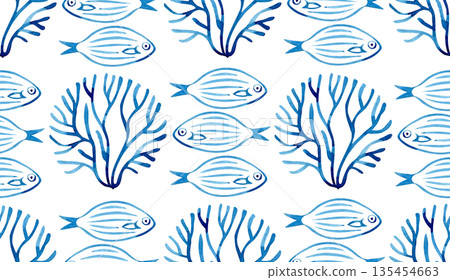 Seamless pattern with sea fish. Watercolor print with blue abstract fish. Seamless pattern with sea fish. Watercolor print with blue abstract fish. 135454663