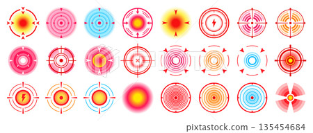 Vector set of point pain icons, ache localization symbols, circle painful area with red target Vector set of point pain icons, ache localization symbols, circle painful area with red target 135454684