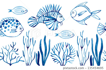 Seamless border of sea fish and seaweed. Watercolor frame with blue abstract fish. Seamless border of sea fish and seaweed. Watercolor frame with blue abstract fish. 135454695
