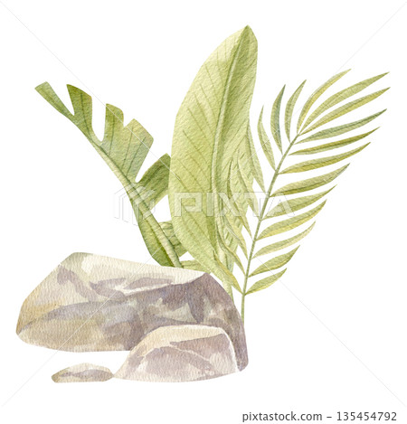 Hand-painted watercolor composition with smooth gray stones, banana leaves, and tropical plants.  135454792
