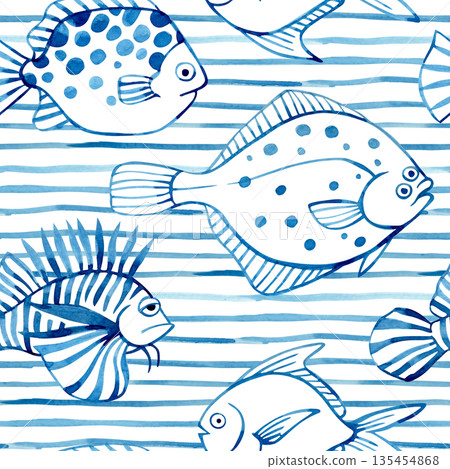 Seamless watercolor pattern with blue fish on a striped background. Watercolor illustration 135454868