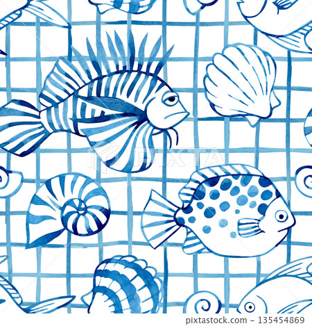 Seamless watercolor pattern with blue fish on a checkered background. Watercolor illustration Seamless watercolor pattern with blue fish on a checkered background. Watercolor illustration 135454869