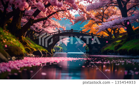 Japanese Cherry Blossom River. Nature Concept. Generated Image Japanese Cherry Blossom River. Nature Concept. Generated Image 135454933