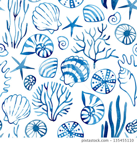 Seamless pattern with blue seaweed and shell. Watercolor illustration. Seamless pattern with blue seaweed and shell. Watercolor illustration. 135455110