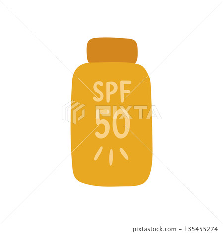 Flat sunscreen bottle illustration marked SPF 50, designed for skin protection topics, summer safety guides, and sun care awareness visuals Flat sunscreen bottle illustration marked SPF 50, designed for skin protection topics, summer safety guides, and sun care awareness visuals 135455274