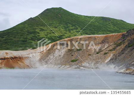 A stunning hot lake in the caldera of a volcano on the Kuril Islands, surrounded by lush green vegetation on a summer day. A stunning hot lake in the caldera of a volcano on the Kuril Islands, surrounded by lush green vegetation on a summer day. 135455685