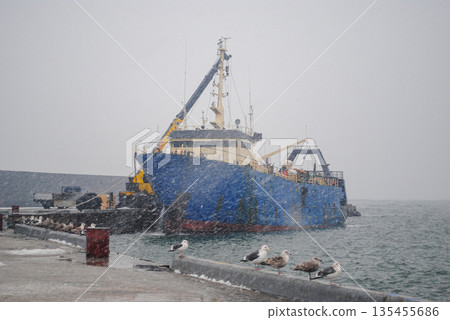A fishing boat unloading at a pier during a winter snowstorm, with seagulls perched on the dock. A fishing boat unloading at a pier during a winter snowstorm, with seagulls perched on the dock. 135455686