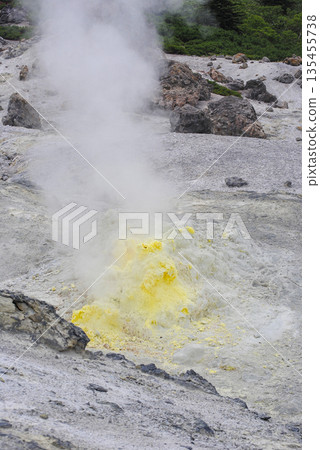 Geothermal fumarole field on a volcano slope in the Kuril Islands. Hot steam vents and bright yellow sulfur deposits. 135455738
